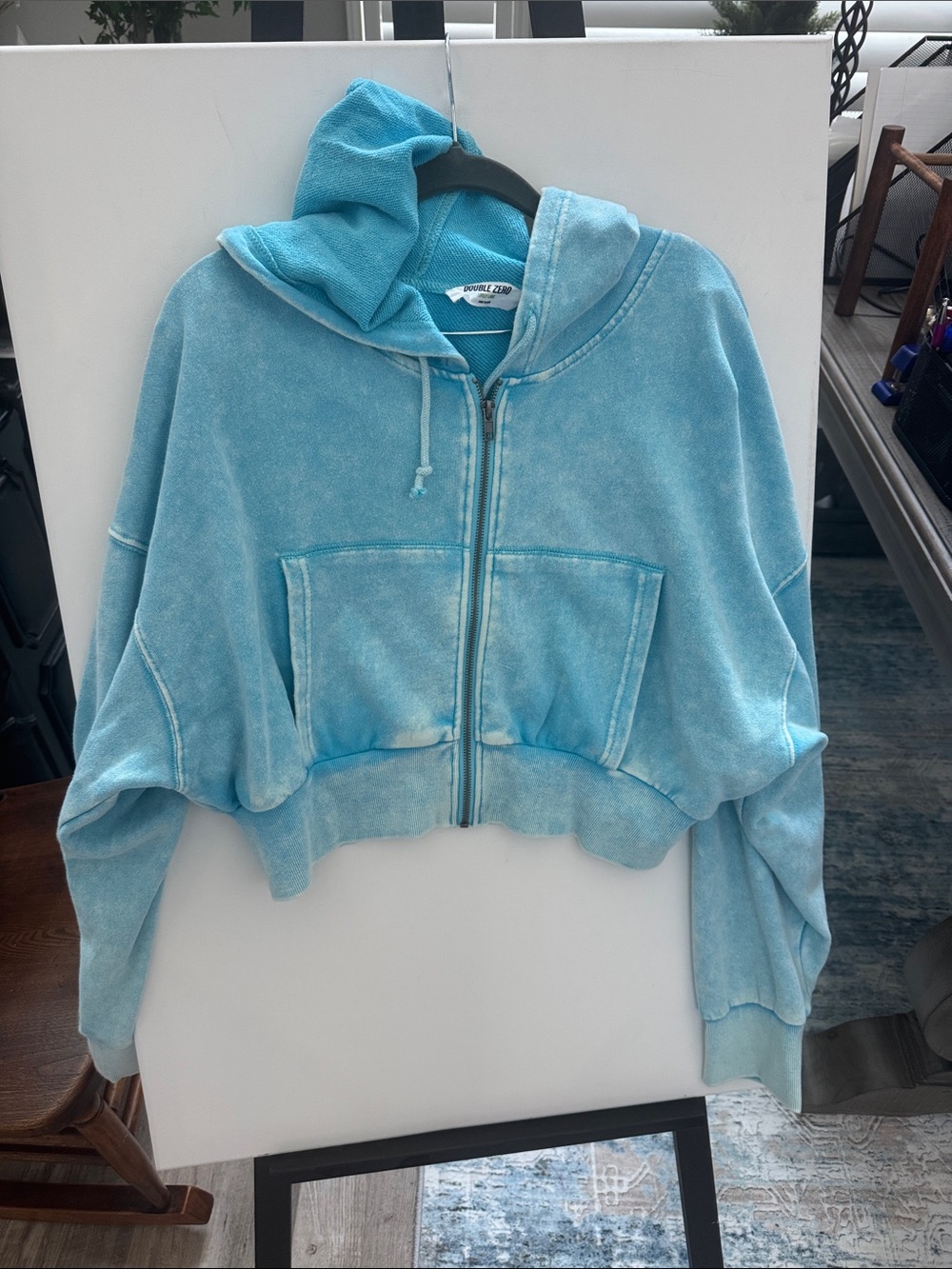Double Zero- Cozy Sky Acid Was Aqua Blue Cropped Zip Hoodie Jacket - Women